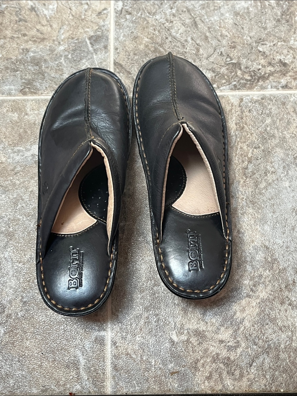 Born Black Leather Slip-On Mules with Contrast Stitching